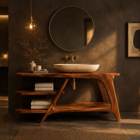 Freestanding vanity with a diagonal brace and two open tiered shelves in a dark bathroom at golden hour