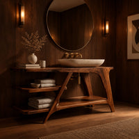 Freestanding vanity with a diagonal brace and two open tiered shelves in an evening bathroom with walnut wall paneling