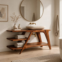 Freestanding vanity with a diagonal brace and two open tiered shelves in a Scandinavian bathroom with white walls