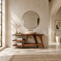 Freestanding vanity with a diagonal brace and two open tiered shelves in a bright open plan bathroom