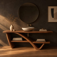 Slab top stand on a diagonal sweeping support with an offset lower shelf in a dark studio against a charcoal plaster wall