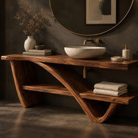 Corner detail of slab top stand on a diagonal sweeping support with an offset lower shelf beside wood, brass and linen samples