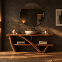 Slab top stand on a diagonal sweeping support with an offset lower shelf in a dark bathroom at golden hour