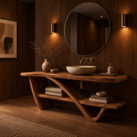 Slab top stand on a diagonal sweeping support with an offset lower shelf in an evening bathroom with walnut wall paneling