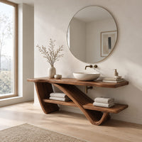 Slab top stand on a diagonal sweeping support with an offset lower shelf in a Scandinavian bathroom with white walls