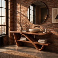 Slab top stand on a diagonal sweeping support with an offset lower shelf in an industrial loft bathroom with exposed brick