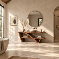 Slab top stand on a diagonal sweeping support with an offset lower shelf in a bright open plan bathroom