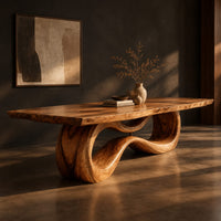 Rectangular dining table on a looping ribbon pedestal base, three-quarter view showing the grain