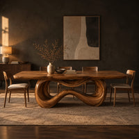 Rectangular dining table on a looping ribbon pedestal base in a dark dining room at golden hour