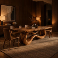 Rectangular dining table on a looping ribbon pedestal base in an evening dining room with walnut wall paneling