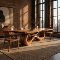 Rectangular dining table on a looping ribbon pedestal base in an industrial loft dining room with exposed brick