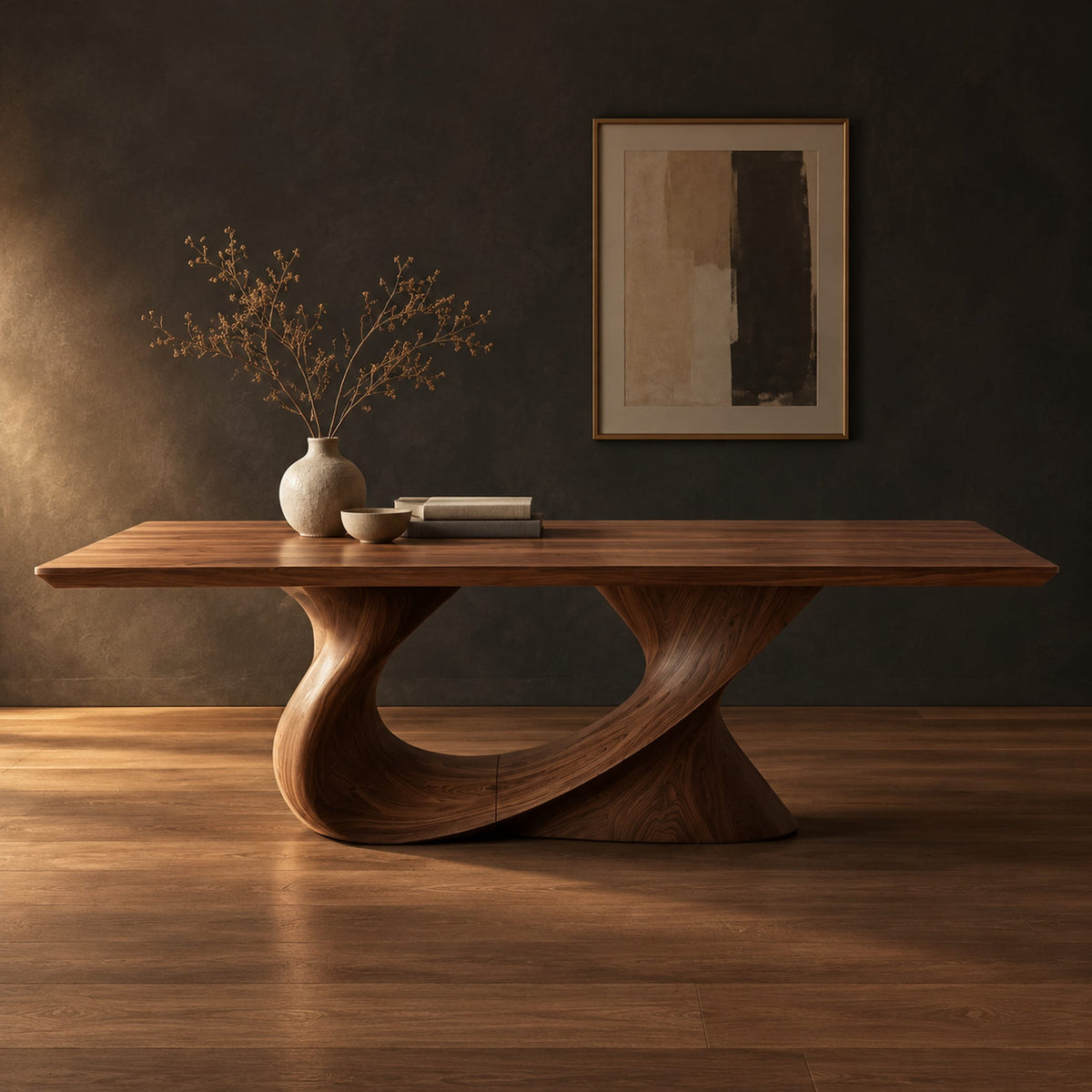 Dining table on a single sweeping pedestal with an oval opening in a dark studio against a charcoal plaster wall