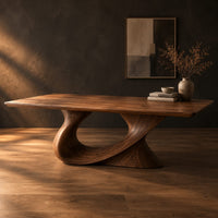 Dining table on a single sweeping pedestal with an oval opening, three-quarter view showing the grain
