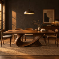 Dining table on a single sweeping pedestal with an oval opening in a dark dining room at golden hour