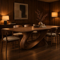 Dining table on a single sweeping pedestal with an oval opening in an evening dining room with walnut wall paneling