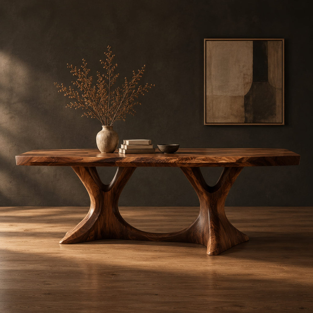 Dining table with two branching legs and a wavy edged top in a dark studio against a charcoal plaster wall