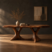 Dining table with two branching legs and a wavy edged top in a dark studio against a charcoal plaster wall