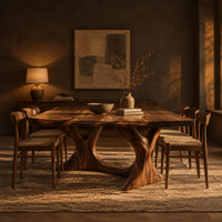 Dining table with two branching legs and a wavy edged top in a dark dining room at golden hour
