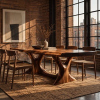Dining table with two branching legs and a wavy edged top in an industrial loft dining room with exposed brick