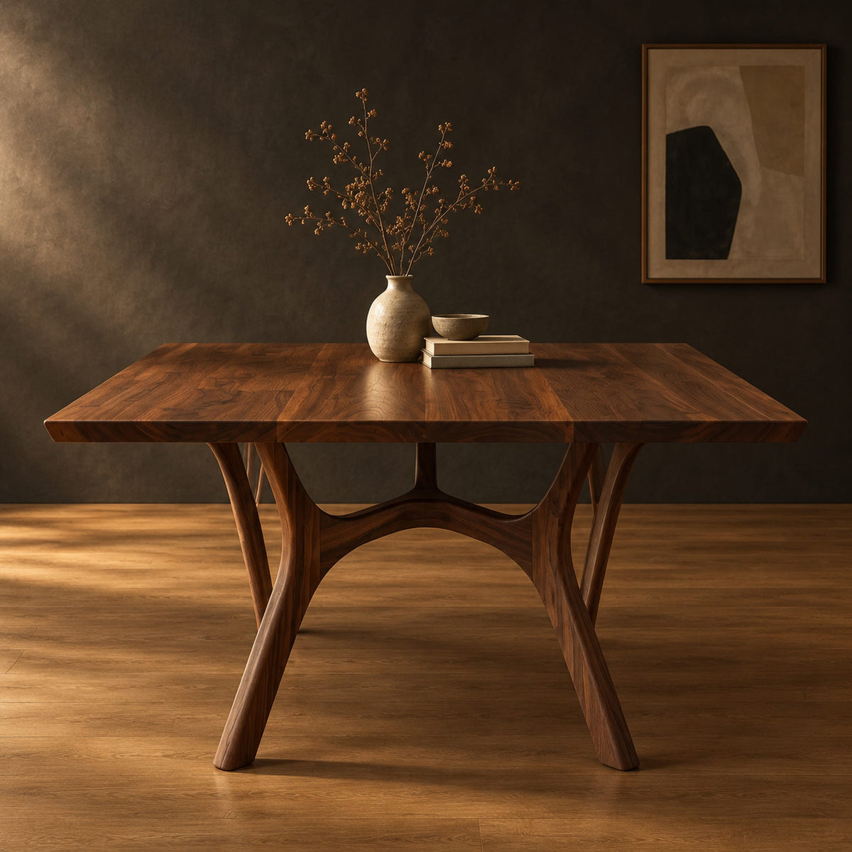 Rectangular dining table with splayed branching legs and an arched cross brace in a dark studio against a charcoal plaster wall