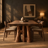 Dining table with a thick slab top on trunk shaped legs with arched openings in a dark dining room at golden hour