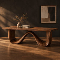Dining table on a continuous double wave base with a smooth plank top, three-quarter view showing the grain