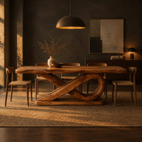 Rectangular dining table with a thick plank top on a sculpted loop base in a dark dining room at golden hour