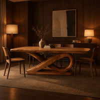 Rectangular dining table with a thick plank top on a sculpted loop base in an evening dining room with walnut wall paneling