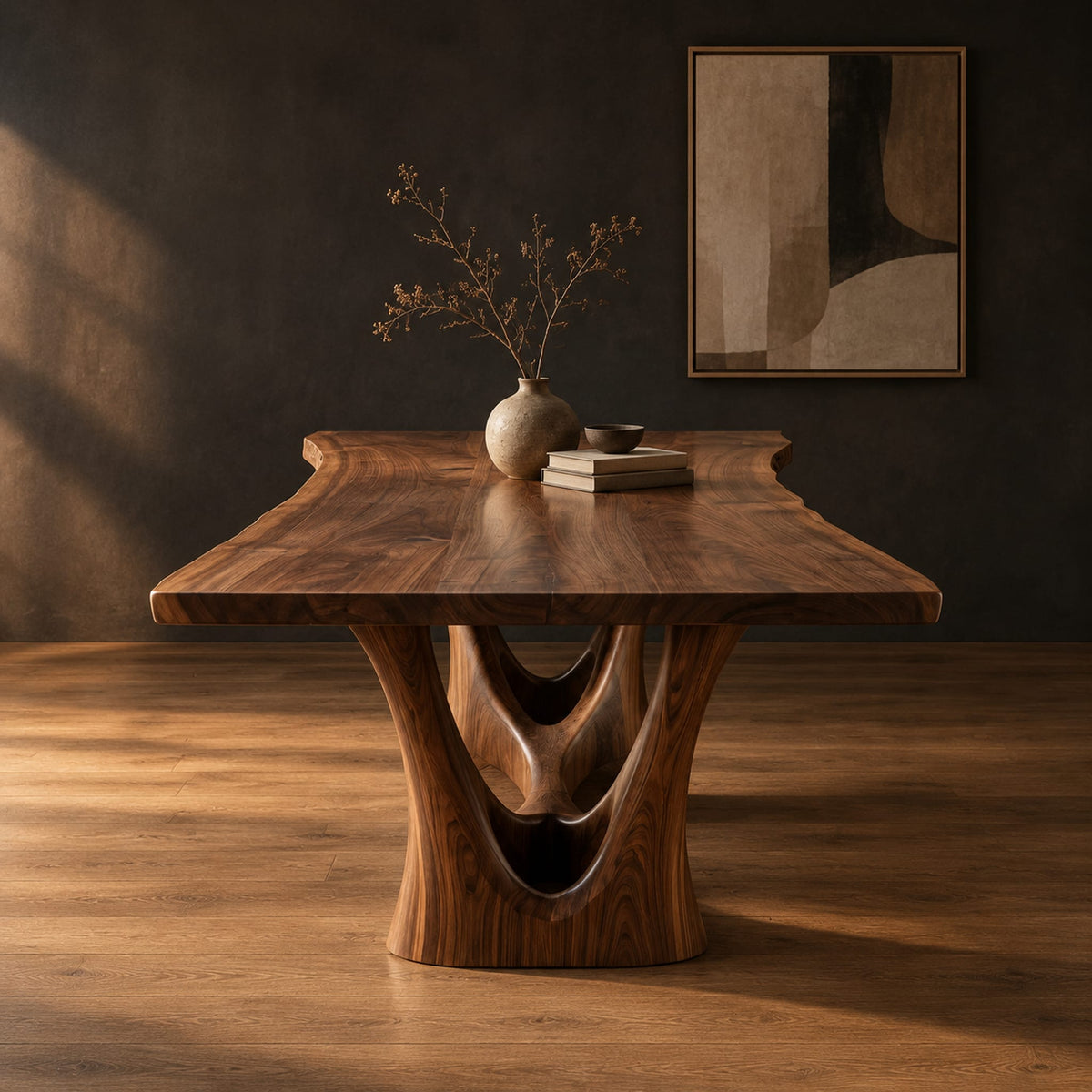 Dining table with a flared wavy top and a carved arch pedestal in a dark studio against a charcoal plaster wall