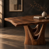 Corner detail of dining table with a flared wavy top and a carved arch pedestal beside wood, brass and linen samples