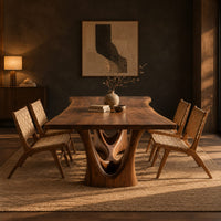 Dining table with a flared wavy top and a carved arch pedestal in a dark dining room at golden hour