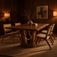 Dining table with a flared wavy top and a carved arch pedestal in an evening dining room with walnut wall paneling