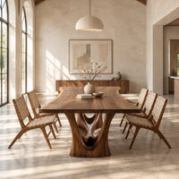 Dining table with a flared wavy top and a carved arch pedestal in a bright open plan dining room