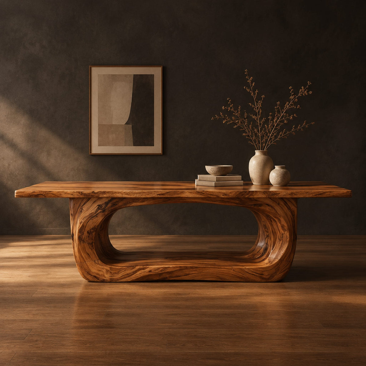 Rectangular dining table with a thick slab top on a hollowed oval base in a dark studio against a charcoal plaster wall