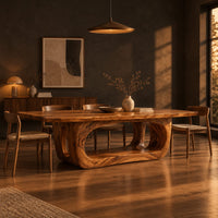 Rectangular dining table with a thick slab top on a hollowed oval base in a dark dining room at golden hour