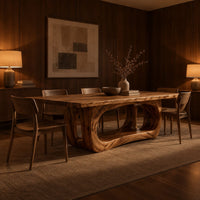 Rectangular dining table with a thick slab top on a hollowed oval base in an evening dining room with walnut wall paneling