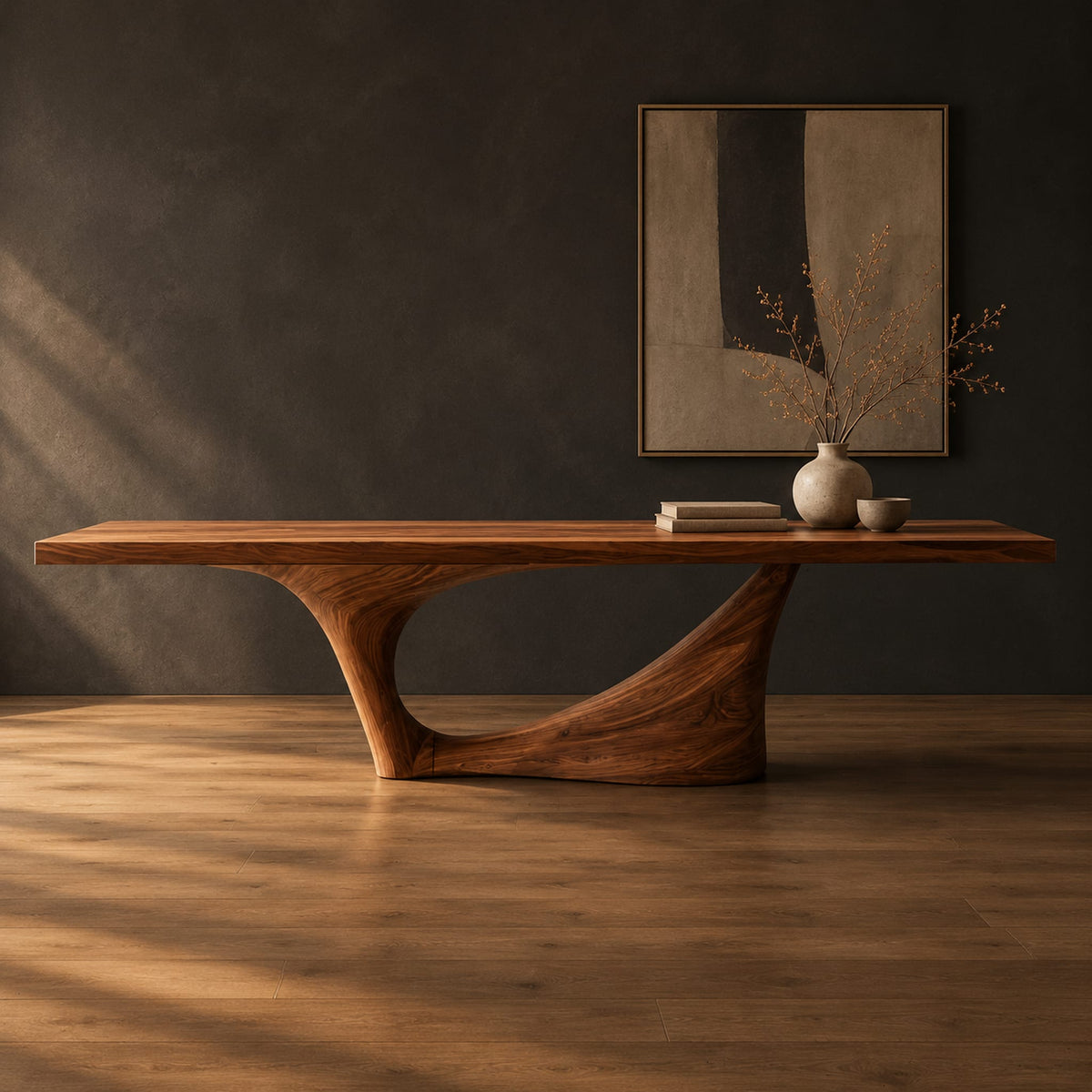 Long dining table on a single swept pedestal with an open arch in a dark studio against a charcoal plaster wall