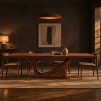 Long dining table on a single swept pedestal with an open arch in a dark dining room at golden hour