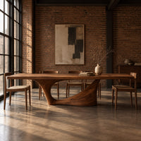 Long dining table on a single swept pedestal with an open arch in an industrial loft dining room with exposed brick