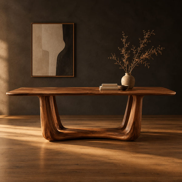 Dining Table With Open U Frame Base And Softly Shaped Top