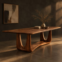 Dining table with a smooth top on an open u frame base, three-quarter view showing the grain
