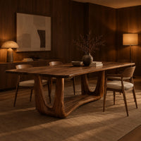 Dining table with a smooth top on an open u frame base in an evening dining room with walnut wall paneling