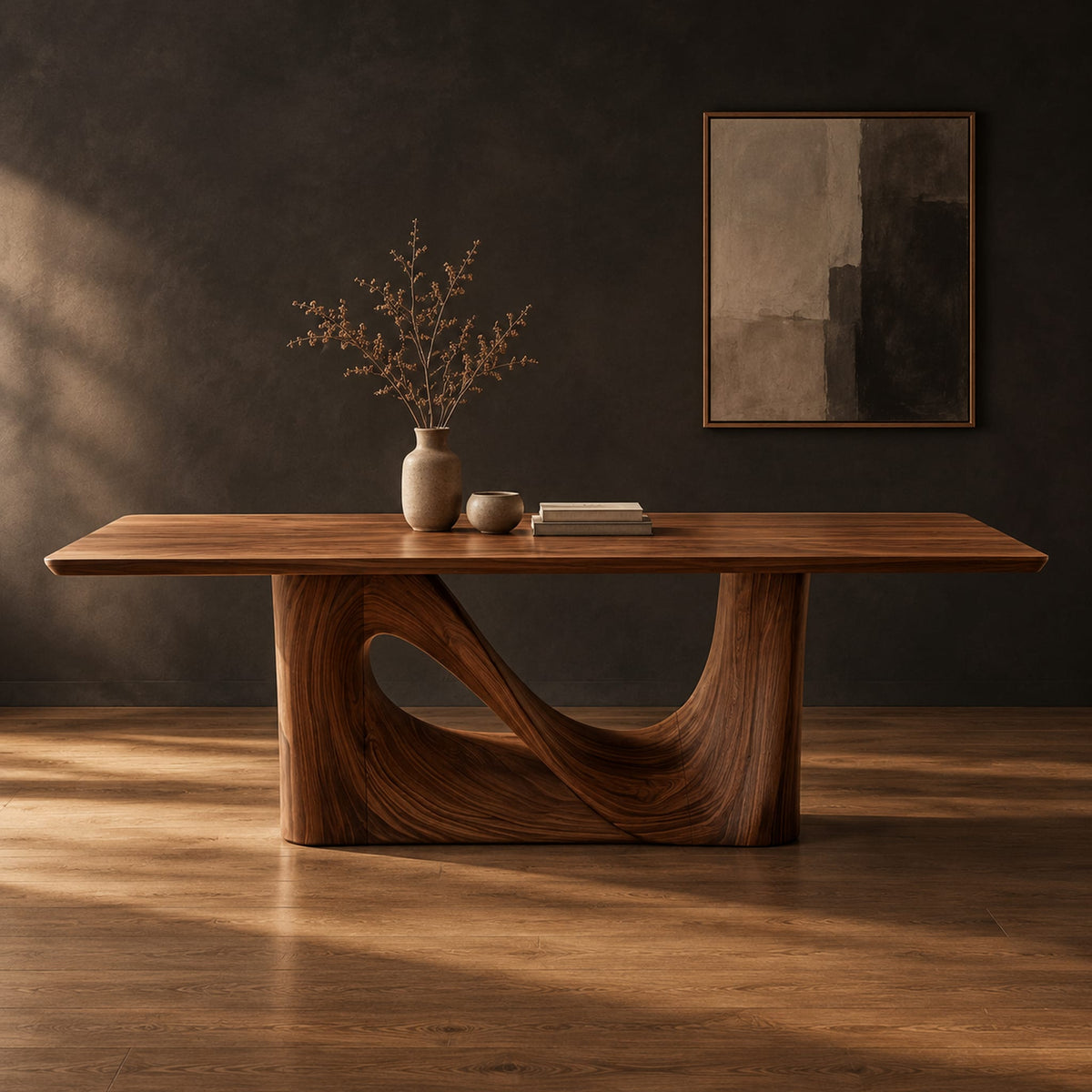 Dining table with a smooth rectangular top and a wave sculpted base in a dark studio against a charcoal plaster wall