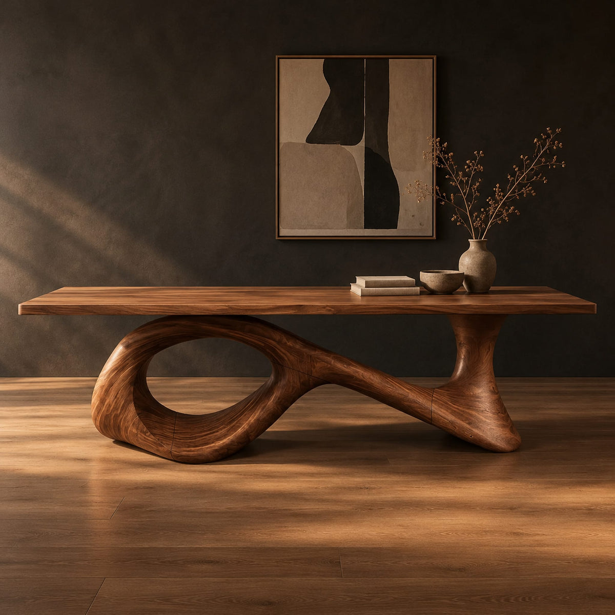 Long dining table on a sweeping ribbon base with one large oval opening in a dark studio against a charcoal plaster wall