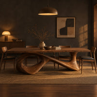 Long dining table on a sweeping ribbon base with one large oval opening in a dark dining room at golden hour