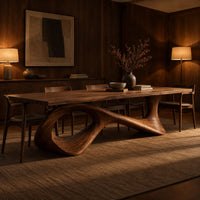 Long dining table on a sweeping ribbon base with one large oval opening in an evening dining room with walnut wall paneling