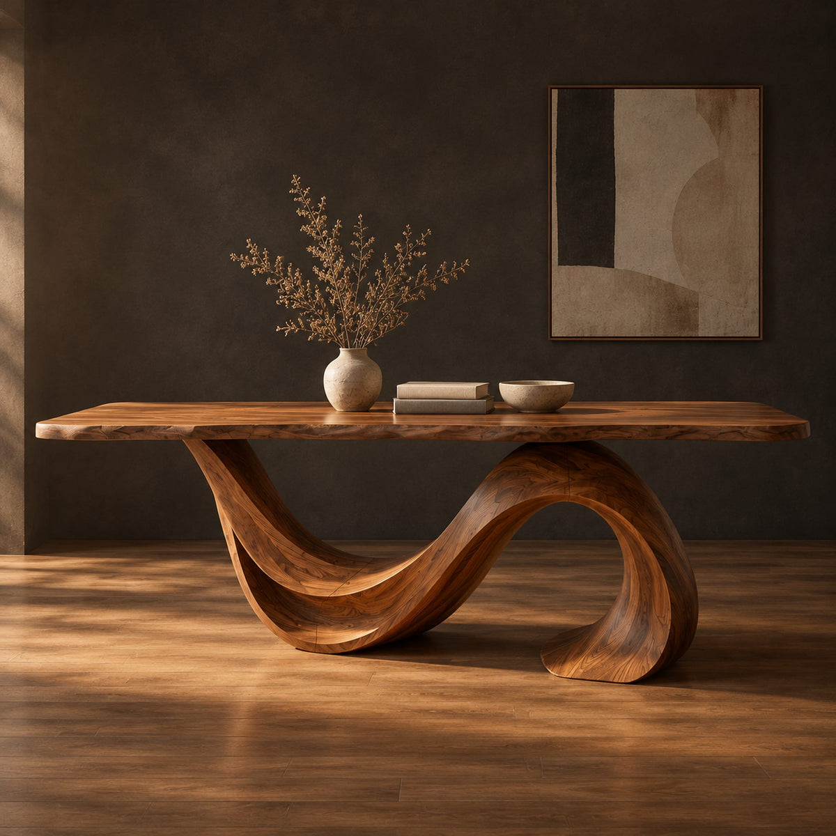 Dining table with a single sweeping wave base under a long slab top in a dark studio against a charcoal plaster wall