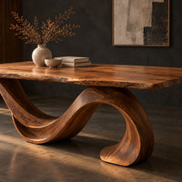 Corner detail of dining table with a single sweeping wave base under a long slab top beside wood, brass and linen samples