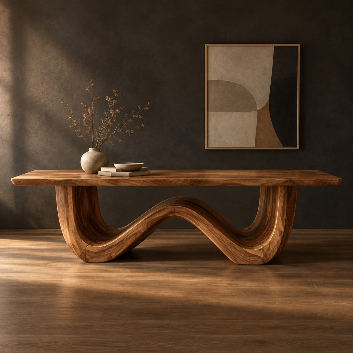 Dining table with a thick plank top on one sculpted wave base in a dark studio against a charcoal plaster wall