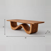 Dining Table With Thick Plank Top And Sculpted Wave Pedestal dimension diagram with width, height and depth